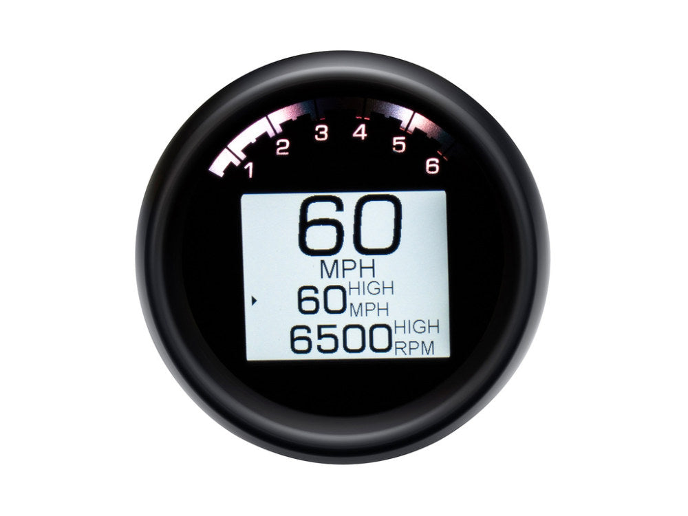 3-3/8in. Round KPH Speedometer with Tachometer - Black. Fits Softail Fat Bob 2018up, Sportster 2014-2021, Dyna Street Bob, Low Rider & Wide Glide 2012-2017 & Softail Breakout, Rocker & Black Line 2011-2017.