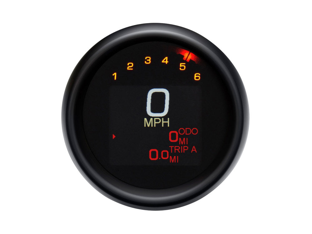 3-3/8in. Round KPH Speedometer with Tachometer - Black. Fits Softail Fat Bob 2018up, Sportster 2014-2021, Dyna Street Bob, Low Rider & Wide Glide 2012-2017 & Softail Breakout, Rocker & Black Line 2011-2017.