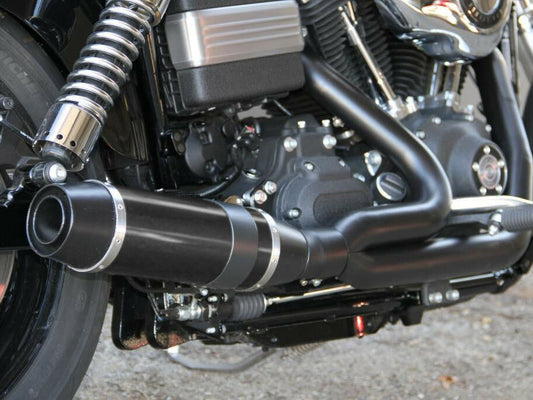 Bob Cat 2-into-1 Exhaust - Black with Black Satin Sleeve Muffler. Fits Softail 1986-2017 & Rocker 2008-2011.