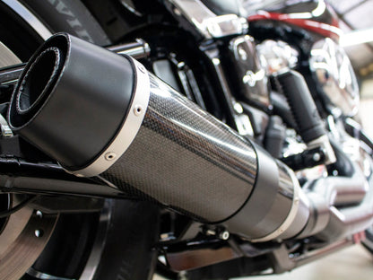 Bob Cat 2-into-1 Exhaust - Black with Carbon Fibre Sleeve Muffler. Fits Softail 2018-2024 Non-240 Tyre Models