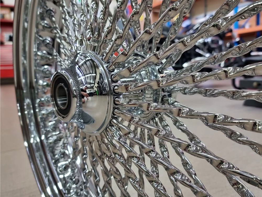 21in. x 3.5in. Cali Fat Spoke Front Wheel - Chrome. Fits Softail Heritage 2011up, Deluxe 2011-2020, Slim 2012-2021 & Fatboy 2011-2017