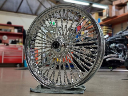 23in. x 3.5in. Cali Fat Spoke Front Wheel - Chrome. Fits Softail Heritage 2011up, Deluxe 2011-2020, Slim 2012-2021 & Fatboy 2011-2017