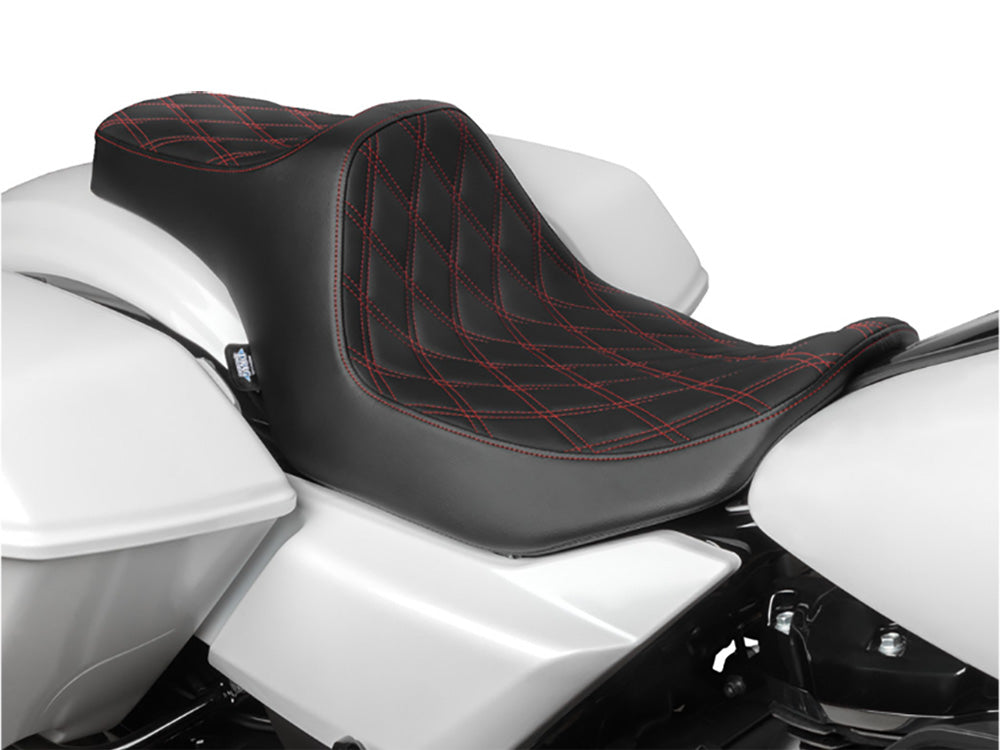 Predator 3 Dual Seat with Red Double Diamond Lattice Stitch. Fits CVO Touring 2023up, Street Glide & Road Glide 2024up, Touring 2025up