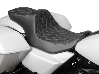 Predator 3, 2up Dual Seat with Silver Double Diamond Lattice Stitch. Fits CVO Touring 2023up, Street Glide & Road Glide 2024up, Touring 2025up