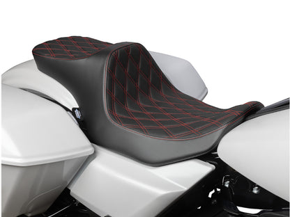 Predator 3, 2up Dual Seat with Red Double Diamond Lattice Stitch. Fits CVO Touring 2023up, Street Glide & Road Glide 2024up, Touring 2025up