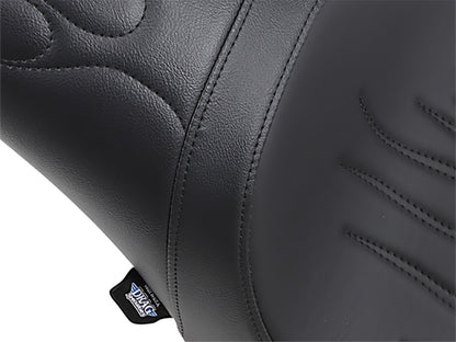 Predator Dual Seat - Flame Solar Leather Black. Fits Softail 2000-2017 with 130 or 150 OEM Rear Tyre