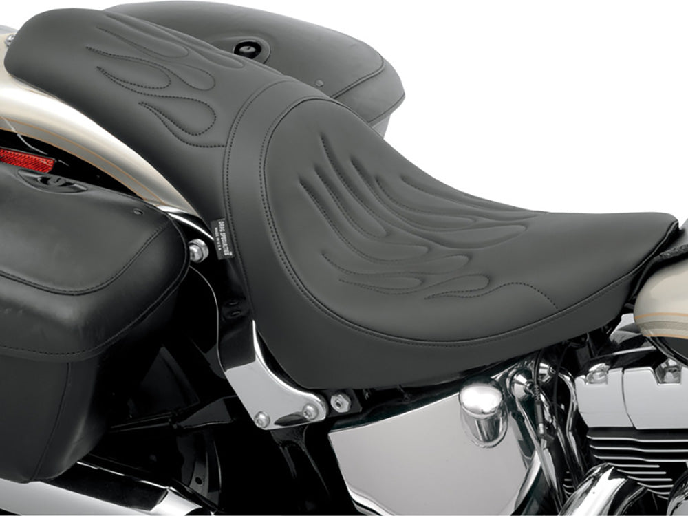 Predator Dual Seat - Flame Solar Leather Black. Fits Softail 2000-2017 with 130 or 150 OEM Rear Tyre