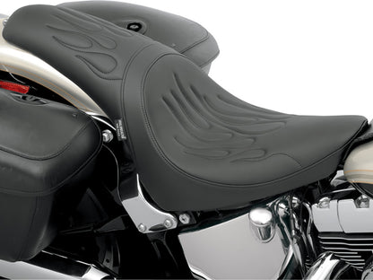 Predator Dual Seat - Flame Solar Leather Black. Fits Softail 2000-2017 with 130 or 150 OEM Rear Tyre