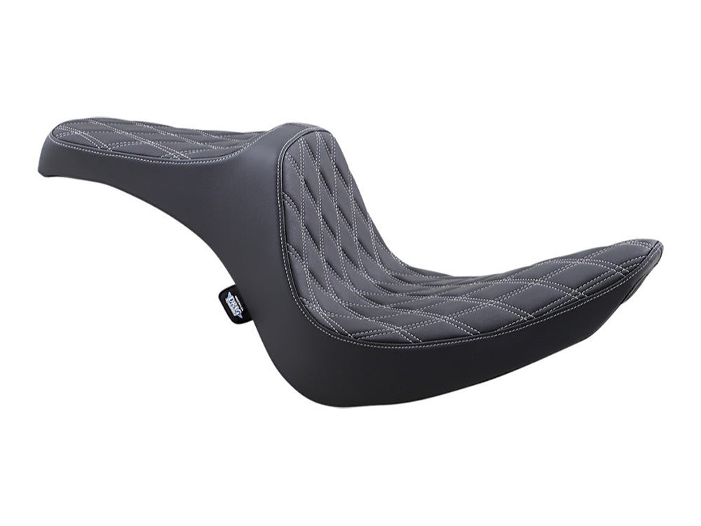 Predator 3 Dual Seat with Silver Double Diamond Lattice Stitch. Fits Softail 2006-2017 with OEM 200 Rear Tyre