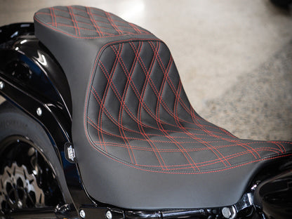 Performance Predator 2up Dual Seat with Red Double Diamond Lattice Stitch. Fits Sport Glide & Low Rider 2018up, Low Rider S 2020up & Low Rider ST 2022up
