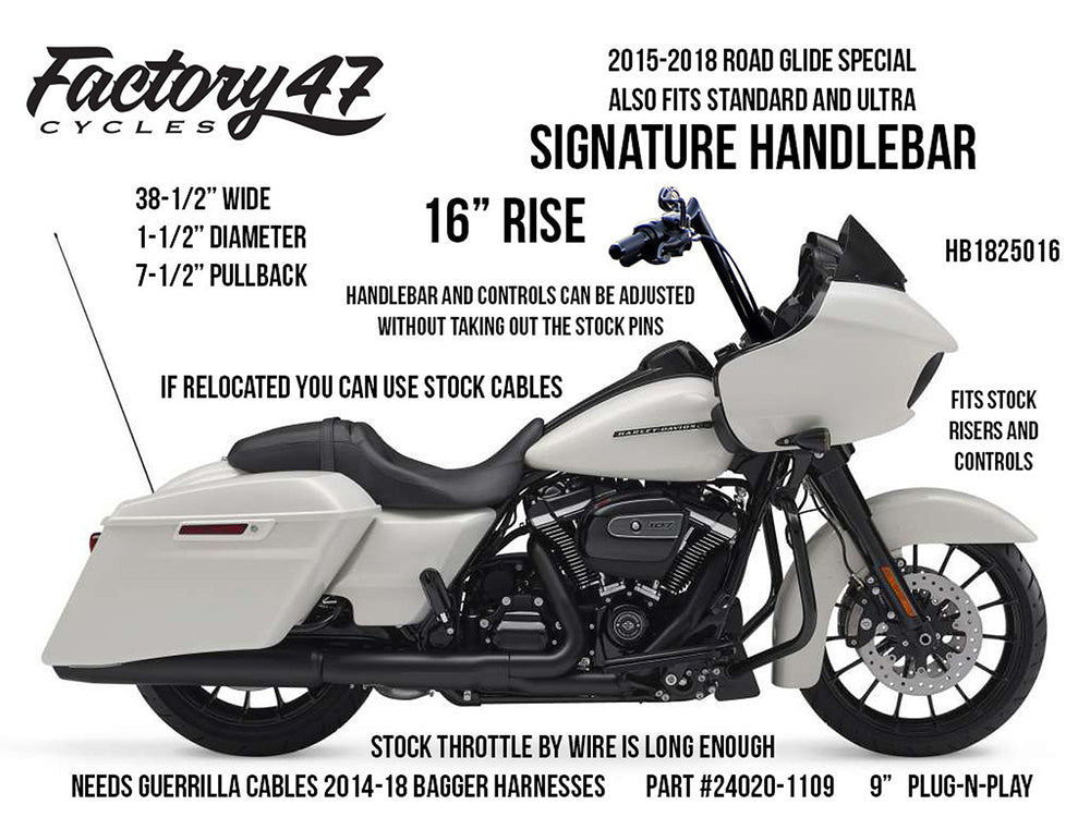 16in. x 1-1/2in. Signature Handlebar - Chrome. Fits Road Glide 2015-2023