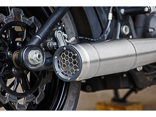2-into-1 Grand Prix Exhaust - Stainless Steel with Black End Cap. Fits Softail 2018up Non-240 Rear Tyre Models.