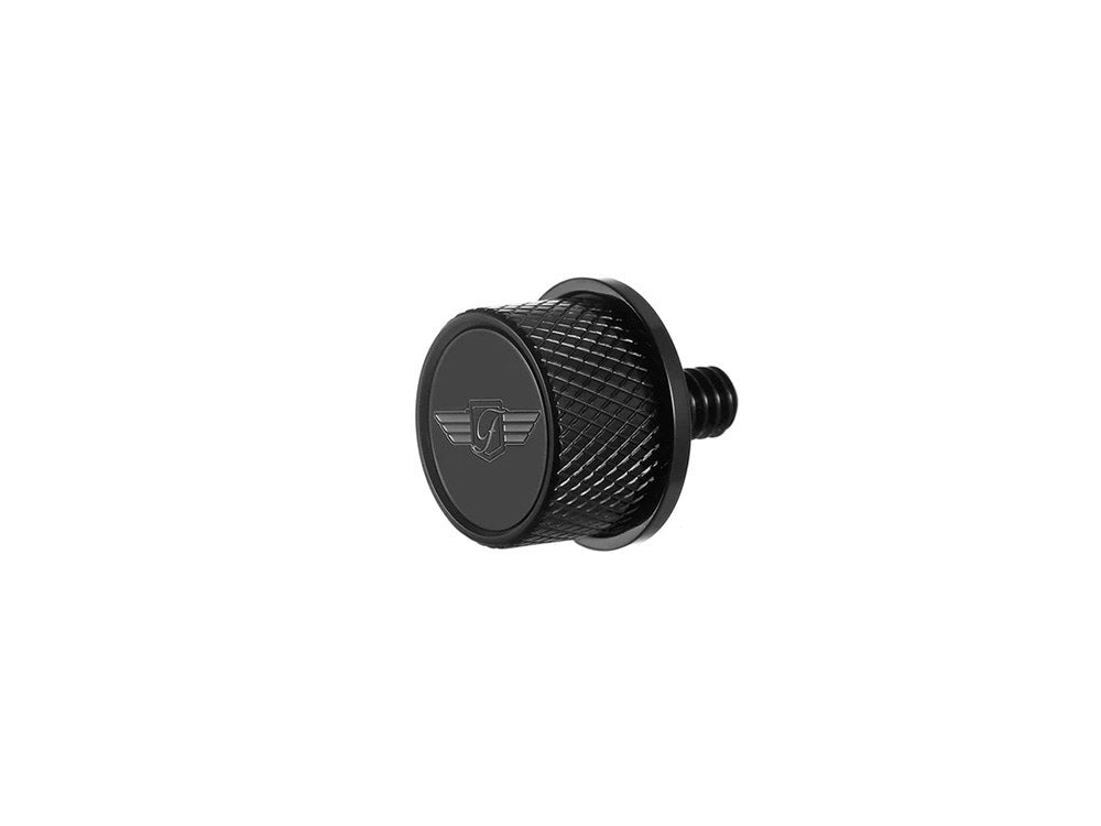 1/4in.-20 Knurled Seat Mount Screw - Black with Figurati Designs Logo. Fits H-D 1996up