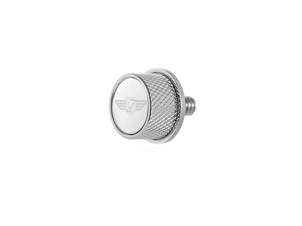 1/4in.-20 Knurled Seat Mount Screw - Stainless with Figurati Designs Logo. Fits H-D 1996up