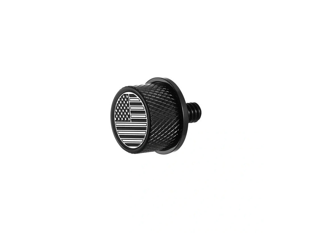 1/4in.-20 Knurled Seat Mount Screw - Black with American Flag. Fits H-D 1996up