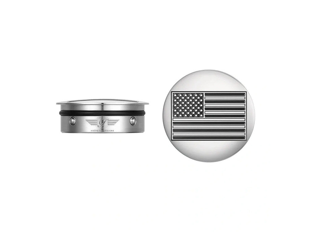 Swingarm Pivot Bolt Covers - Stainless with American Flag. Fits Touring 2011up