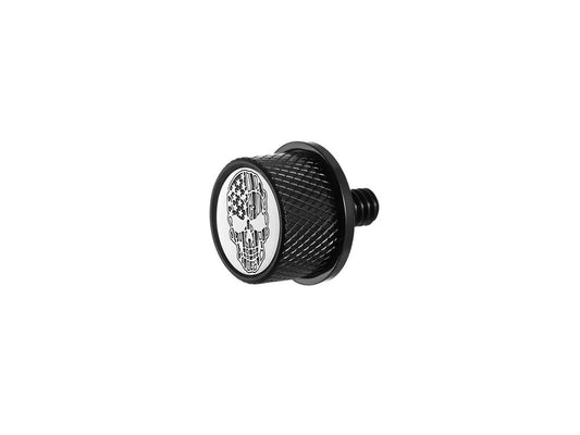 1/4in.-20 Knurled Seat Mount Screw - Black with American Flag Skull. Fits H-D 1996up