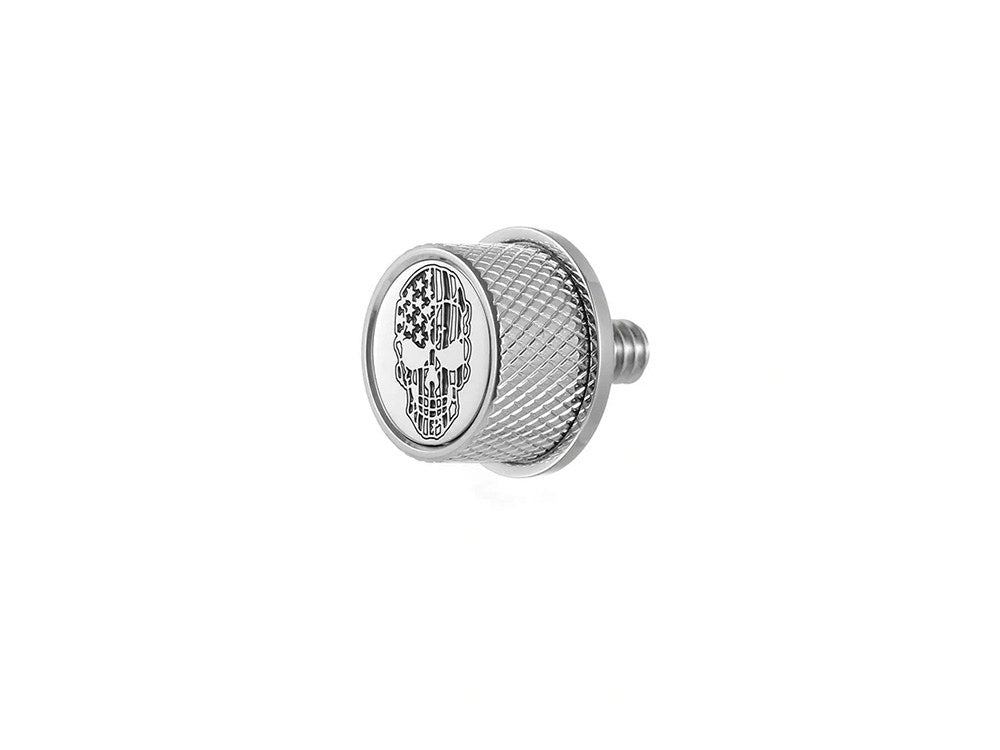 1/4in.-20 Knurled Seat Mount Screw - Stainless with American Flag Skull. Fits H-D 1996up