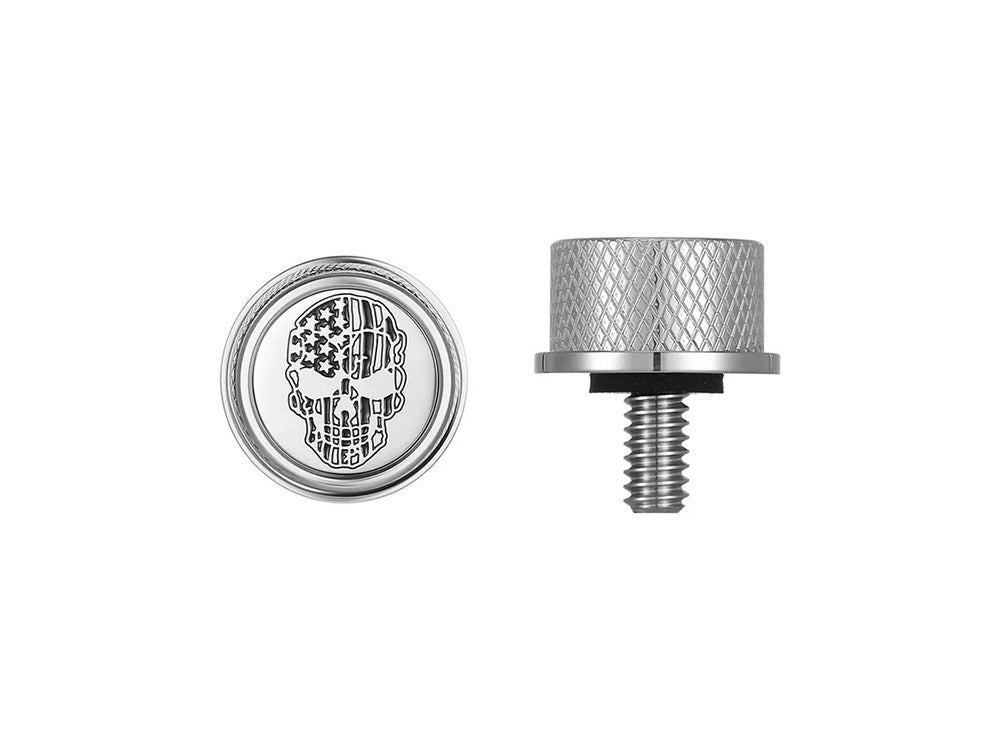 1/4in.-20 Knurled Seat Mount Screw - Stainless with American Flag Skull. Fits H-D 1996up
