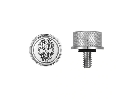 1/4in.-20 Knurled Seat Mount Screw - Stainless with American Flag Skull. Fits H-D 1996up