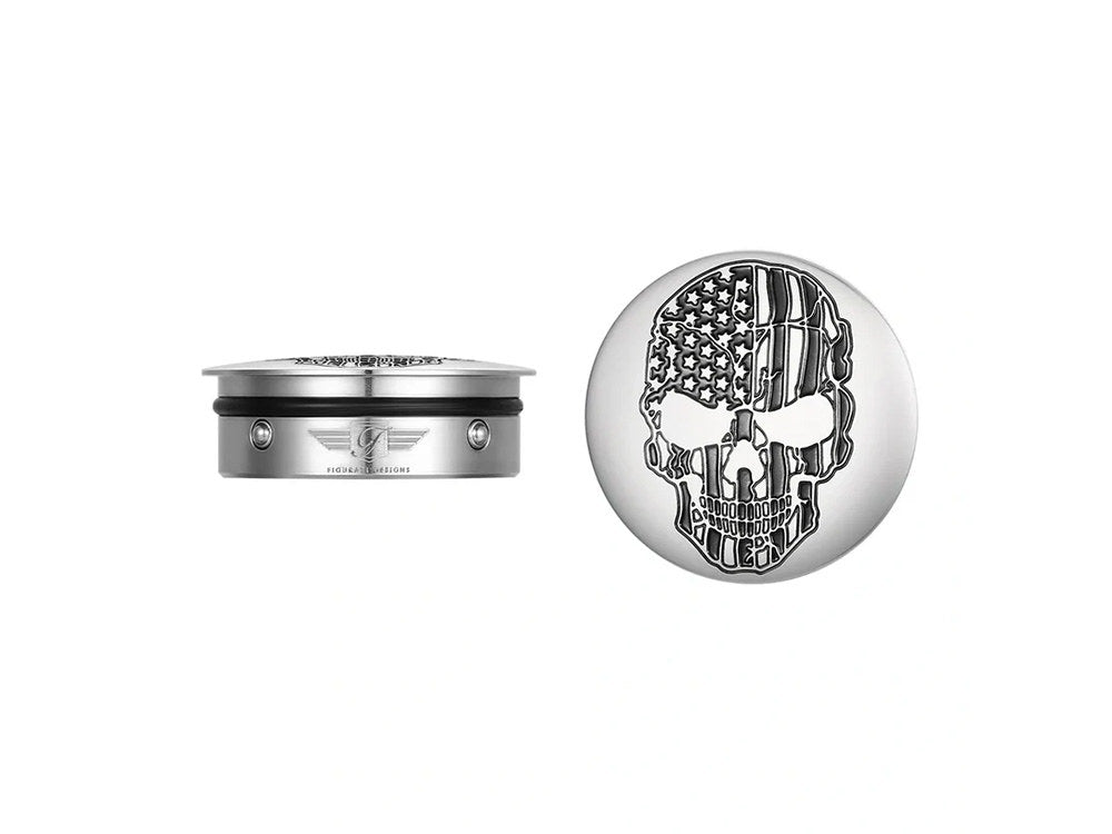 Swingarm Pivot Bolt Covers - Stainless with American Flag Skull. Fits Touring 2011up