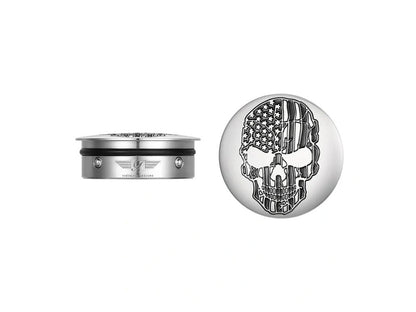 Swingarm Pivot Bolt Covers - Stainless with American Flag Skull. Fits Touring 2011up