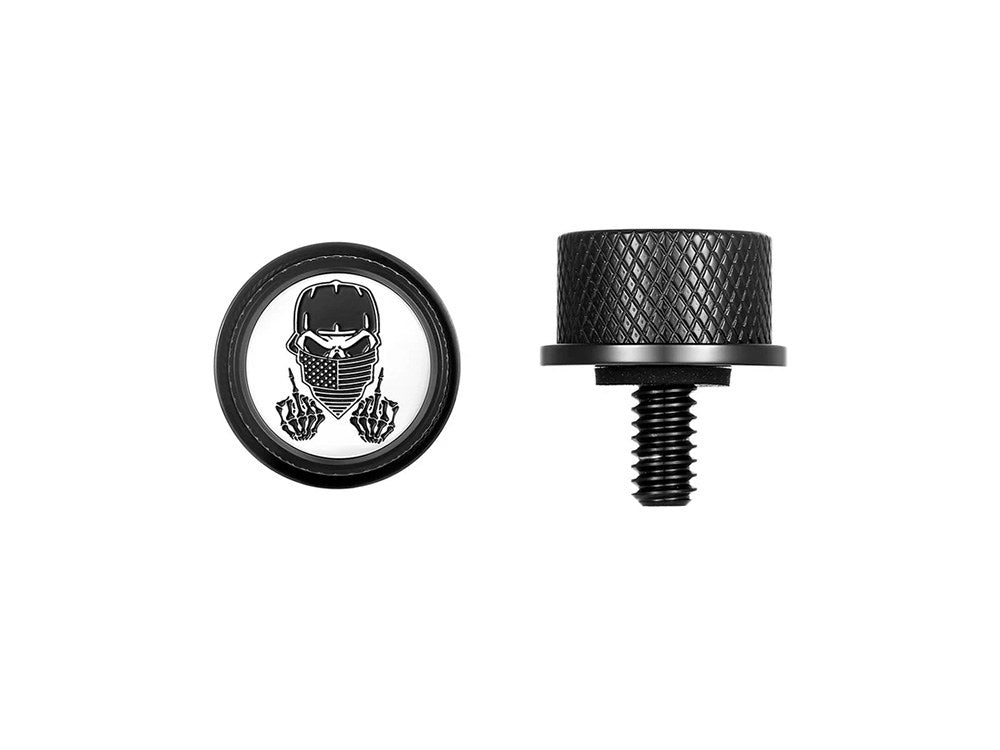 1/4in.-20 Knurled Seat Mount Screw - Black with Masked Skull. Fits H-D 1996up