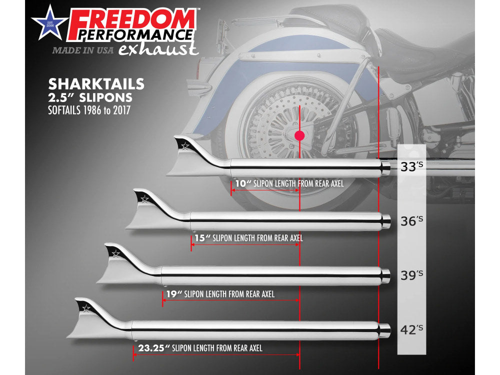 33in. True Dual SharkTail Exhaust - Chrome. Fits Softail 1997-2006.