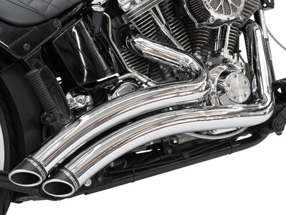 Sharp Curve Radius Exhaust - Chrome with Black End Caps. Fits Softail 1986-2017.