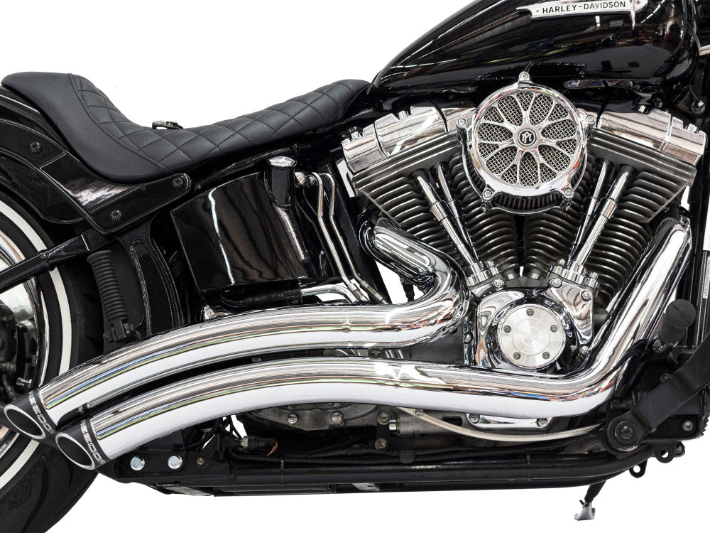 Sharp Curve Radius Exhaust - Chrome with Black End Caps. Fits Softail 1986-2017.