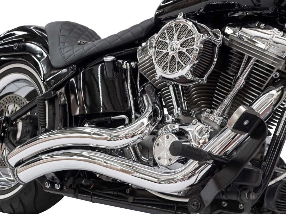 Sharp Curve Radius Exhaust - Chrome with Black End Caps. Fits Softail 1986-2017.