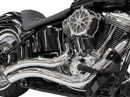 Sharp Curve Radius Exhaust - Chrome with Black End Caps. Fits Softail 1986-2017.