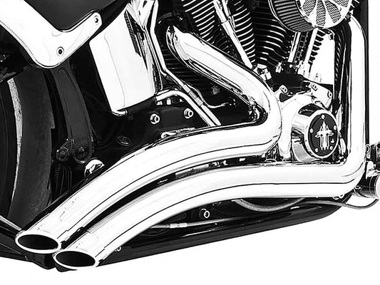 Sharp Curve Radius Exhaust - Chrome with Chrome End Caps. Fits Softail Breakout 2013-2017 & Rocker 2008-2011.