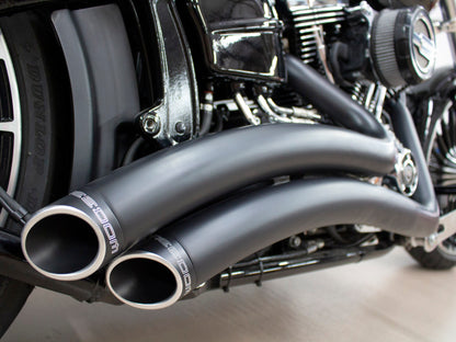 Sharp Curve Radius Exhaust - Black with Black End Caps. Fits Softail Breakout 2013-2017 & Rocker 2008-2011.