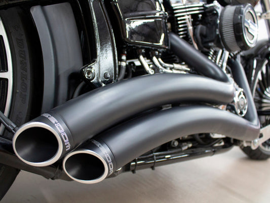 Sharp Curve Radius Exhaust - Black with Black End Caps. Fits Softail Breakout 2013-2017 & Rocker 2008-2011.