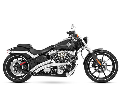 Radical Radius Exhaust - Chrome with Black End Caps. Fits Softail Breakout 2013-2017 & Rocker 2008-2011.