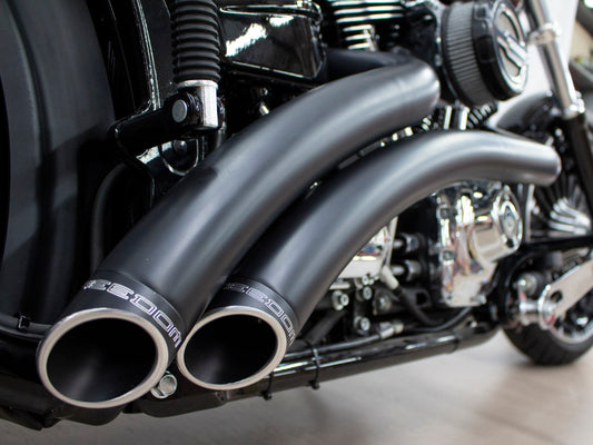 Radical Radius Exhaust - Black with Black End Caps. Fits Softail Breakout 2013-2017 & Rocker 2008-2011.