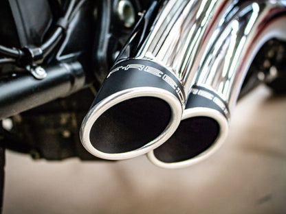 Sharp Curve Radius Exhaust - Chrome with Black End Caps. Fits Softail 2018up.