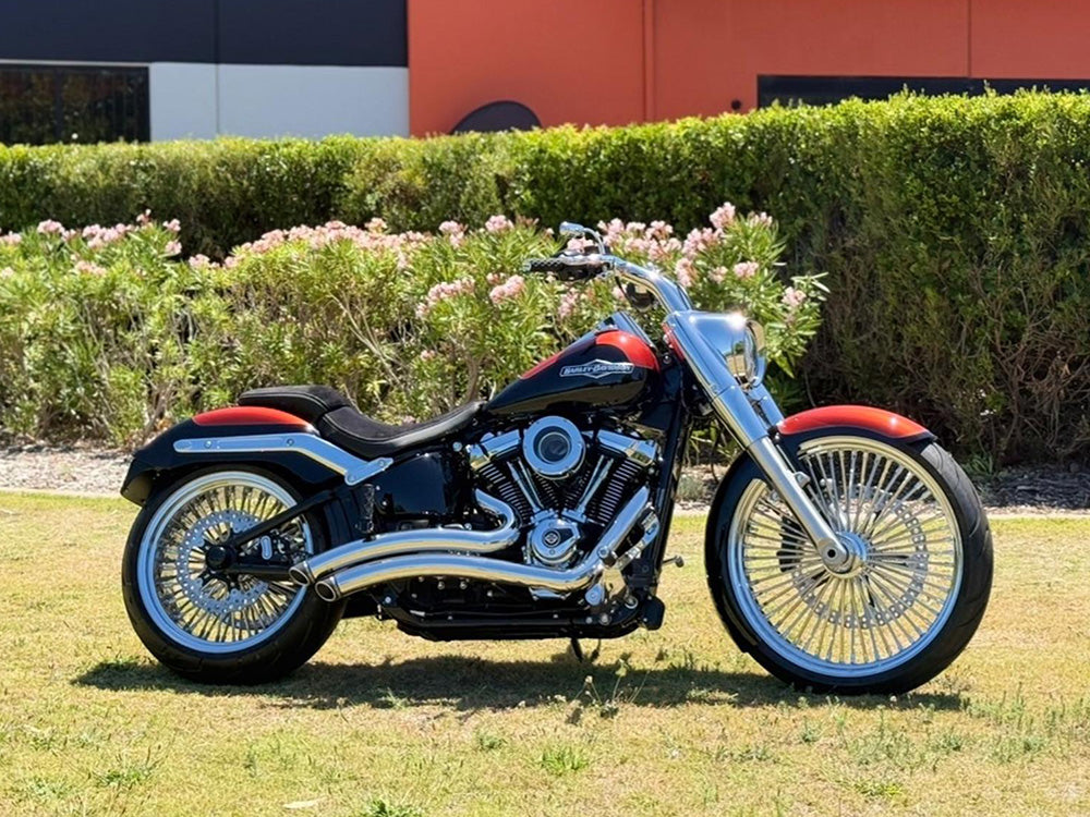 Sharp Curve Radius Exhaust - Chrome with Black End Caps. Fits Softail 2018up.