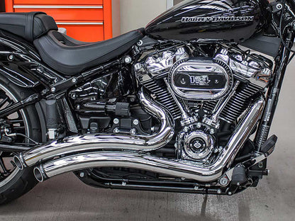 Sharp Curve Radius Exhaust - Chrome with Black End Caps. Fits Softail 2018up with Non-240 Rear Tyre