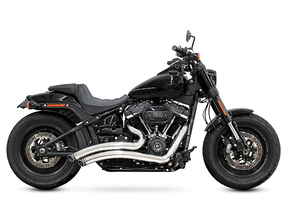 Sharp Curve Radius Exhaust - Chrome with Black End Caps. Fits Softail 2018up with Non-240 Rear Tyre