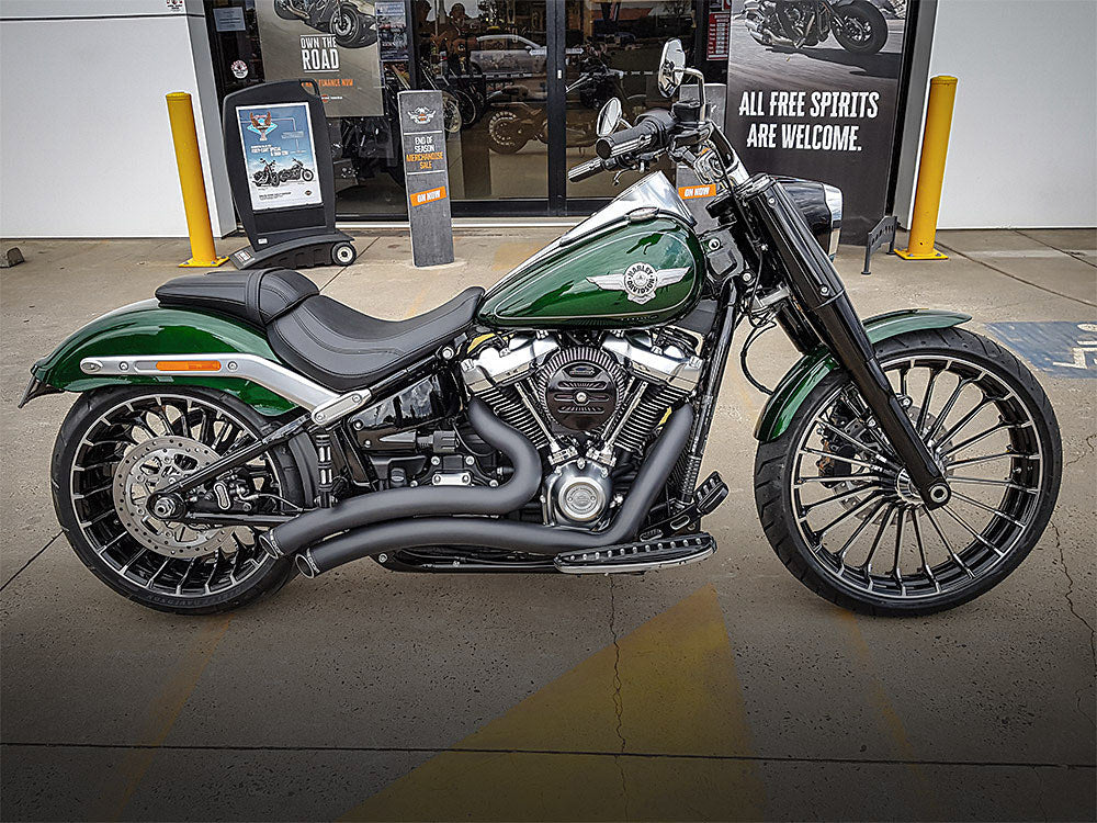 Sharp Curve Radius Exhaust - Black with Black End Caps. Fits Softail 2018up.