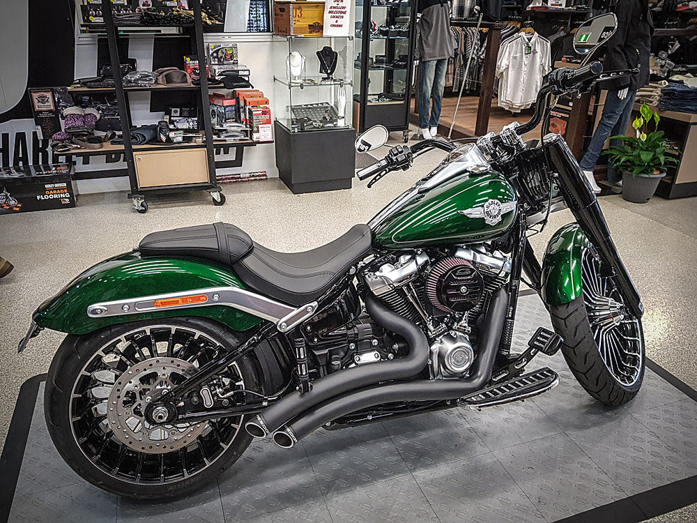 Sharp Curve Radius Exhaust - Black with Black End Caps. Fits Softail 2018up.