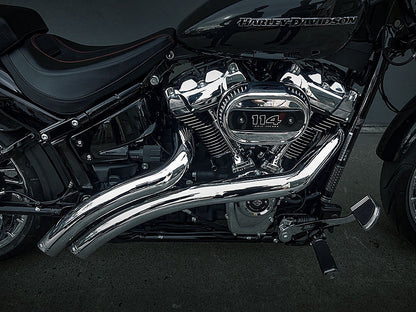 Radical Radius Exhaust - Chrome with Chrome End Caps. Fits Softail 2018up with Non-240 Rear Tyre