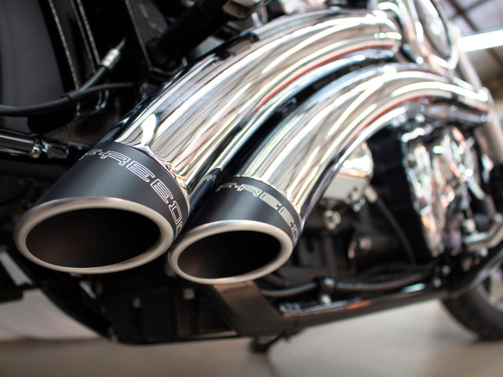 Radical Radius Exhaust - Chrome with Black End Caps. Fits Softail 2018up.
