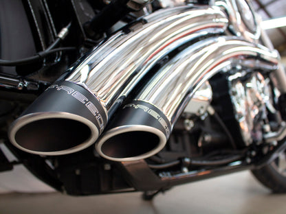 Radical Radius Exhaust - Chrome with Black End Caps. Fits Softail 2018up.