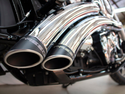 Radical Radius Exhaust - Chrome with Black End Caps. Fits Softail 2018up.