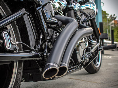 Radical Radius Exhaust - Black with Black End Caps. Fits Softail 2018up.