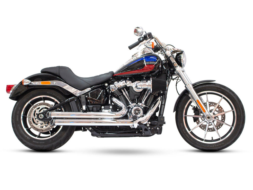 Independence Staggered Slash Exhaust - Chrome with Black End Caps. Fits Softail 2018up with Non-240 Rear Tyre