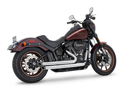 Independence Staggered Slash Exhaust - Chrome with Black End Caps. Fits Softail 2018up with Non-240 Rear Tyre